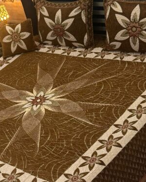 Luxury Embossed Velvet Bedspread Set – Elegant Floral Motif (Brown & Cream)