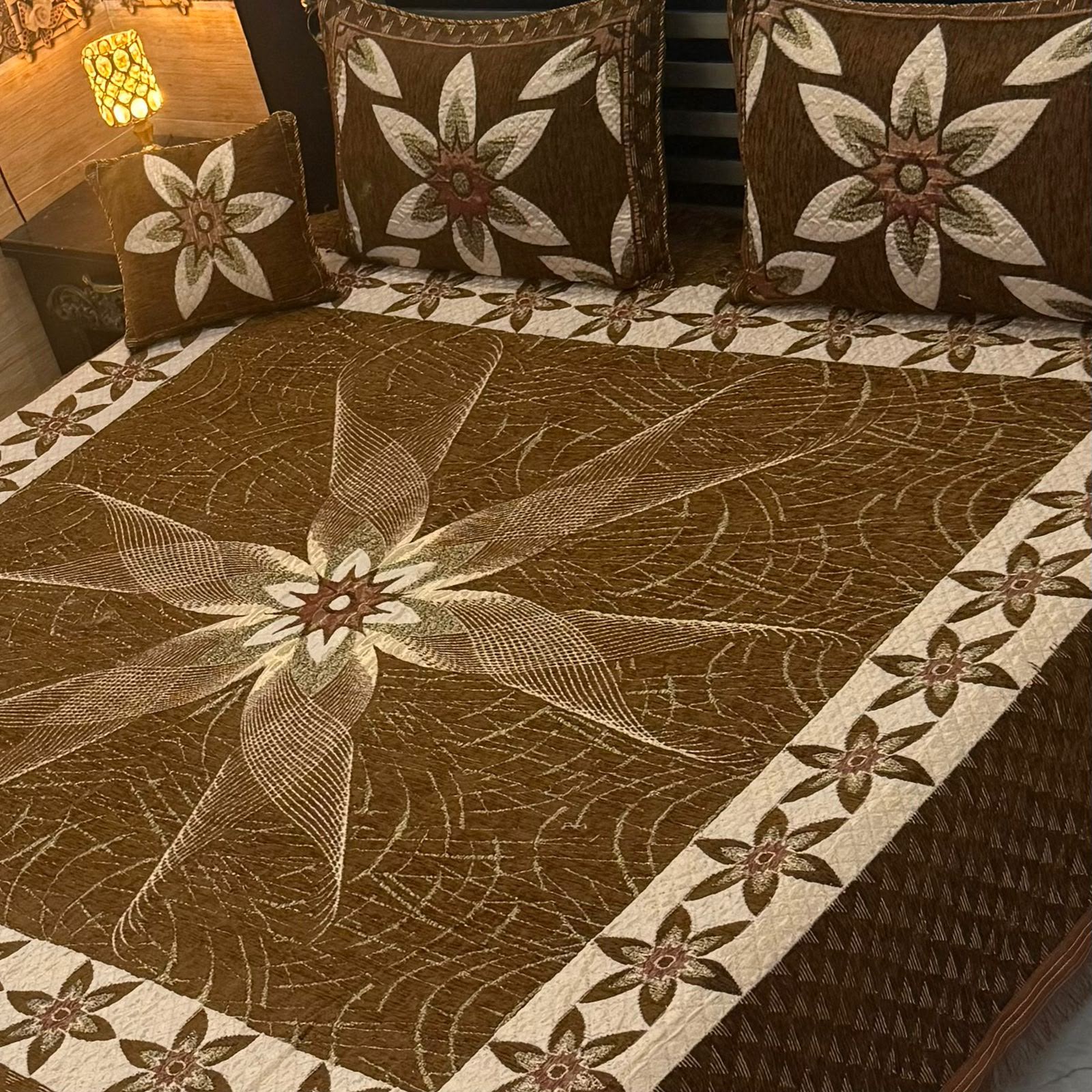 Luxury Embossed Velvet Bedspread Set – Elegant Floral Motif (Brown & Cream)