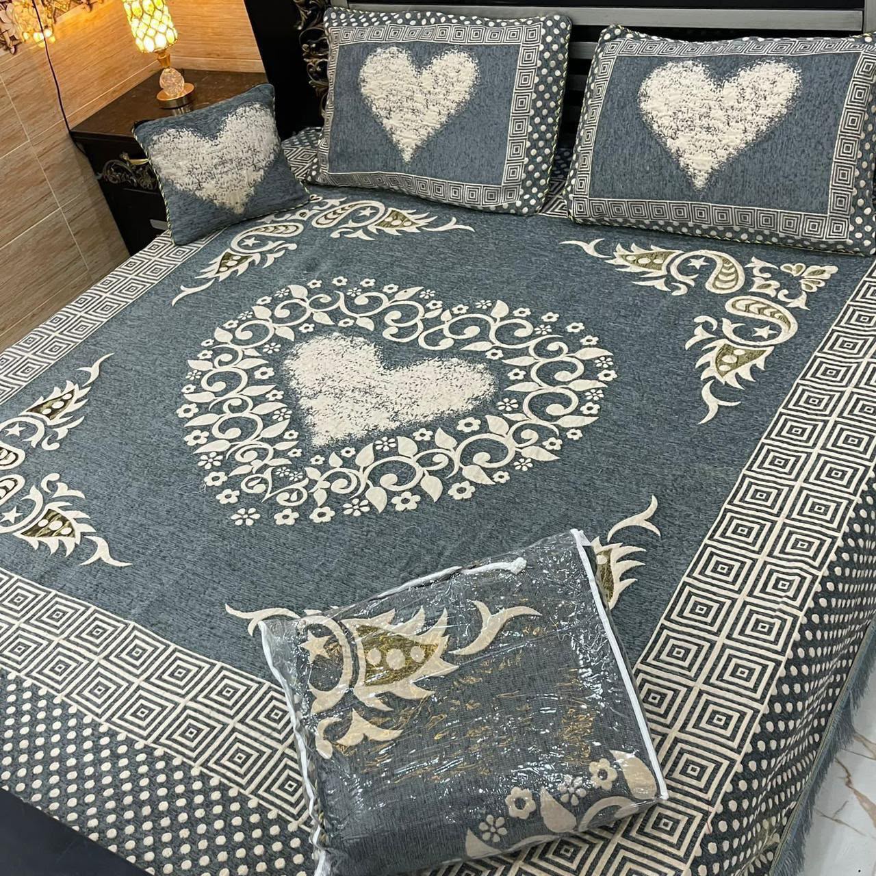 Embossed Velvet Heart Motif Bedspread Set