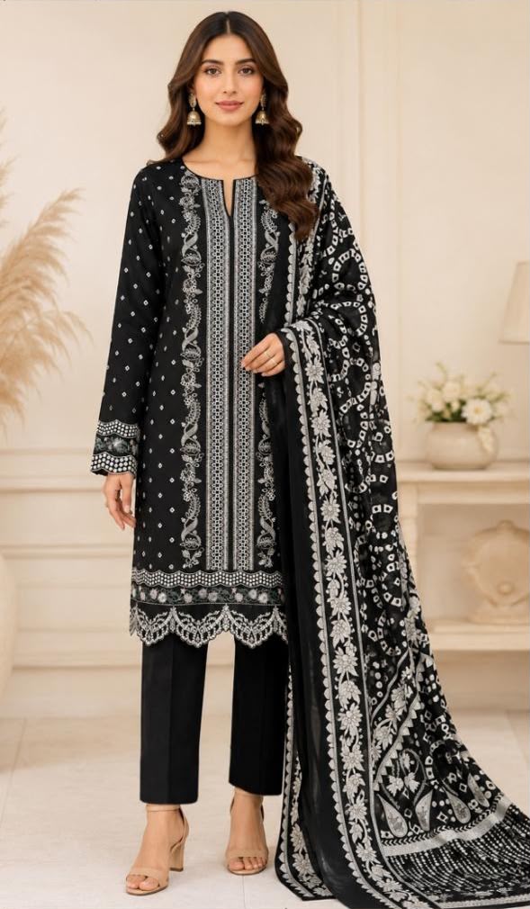 Black & White Printed Embroidered Lawn Suit