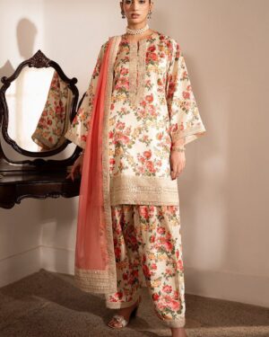 Floral Printed Raw Silk Shalwar Kameez Set