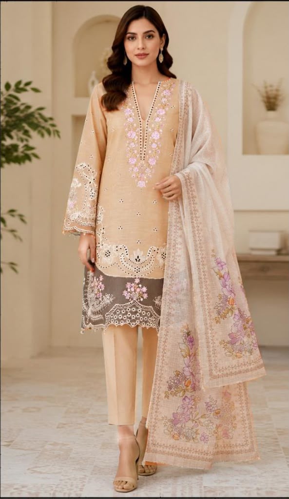 Beige Embroidered Chikankari Floral Suit