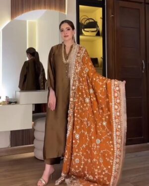 Bronze Silk Ensemble with Rust Statement Shawl