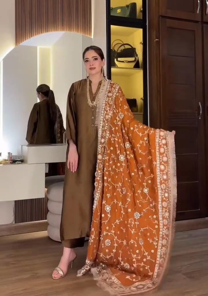 Bronze Silk Ensemble with Rust Statement Shawl