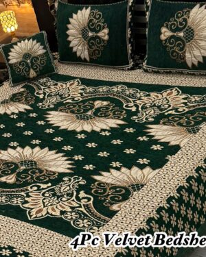 Royal Emerald Floral Embroidered 4-Piece Velvet Bedspread Set