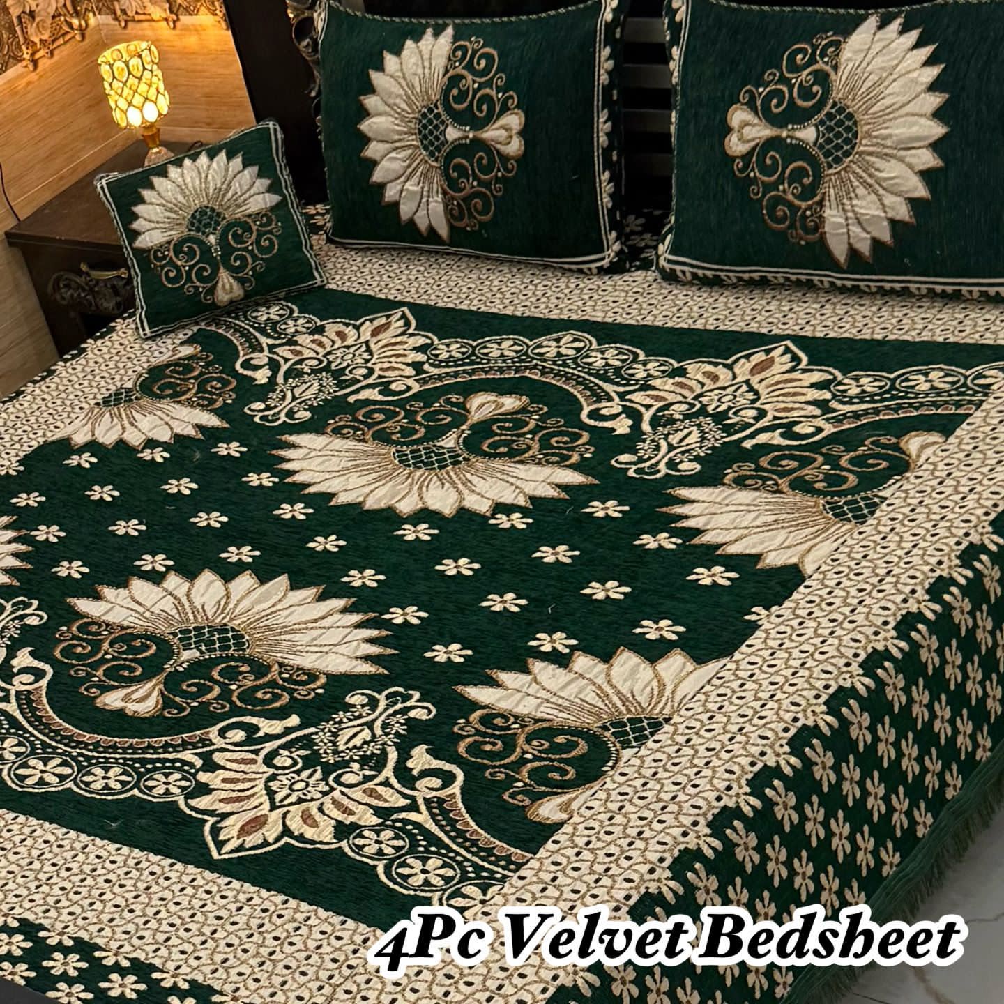 Royal Emerald Floral Embroidered 4-Piece Velvet Bedspread Set